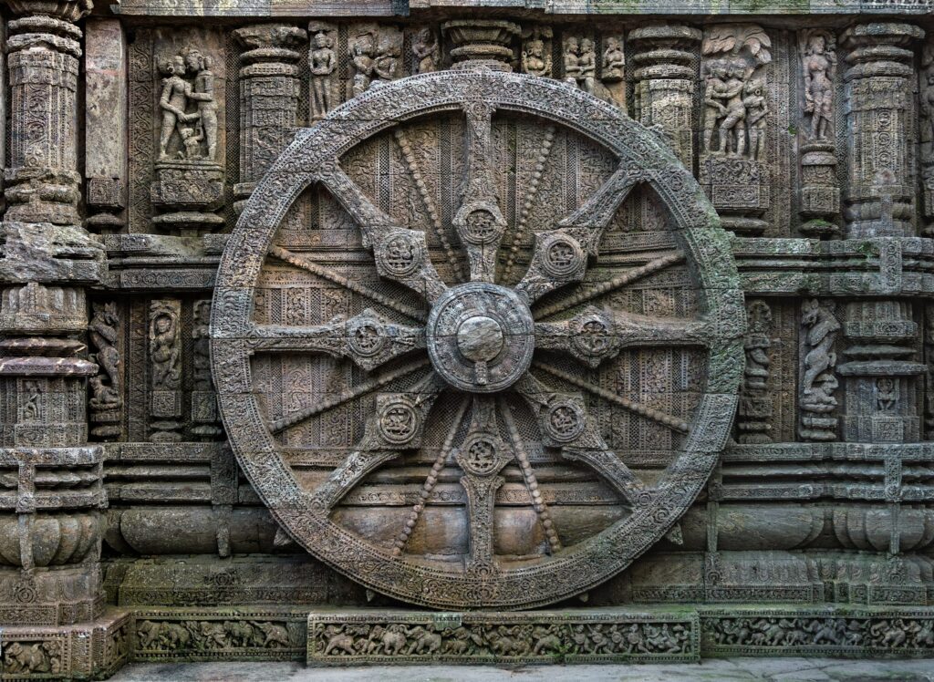 Jagamohana platform and carved wheels