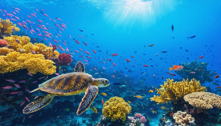 These geological features offer a dramatic contrast to the open blue sea.
