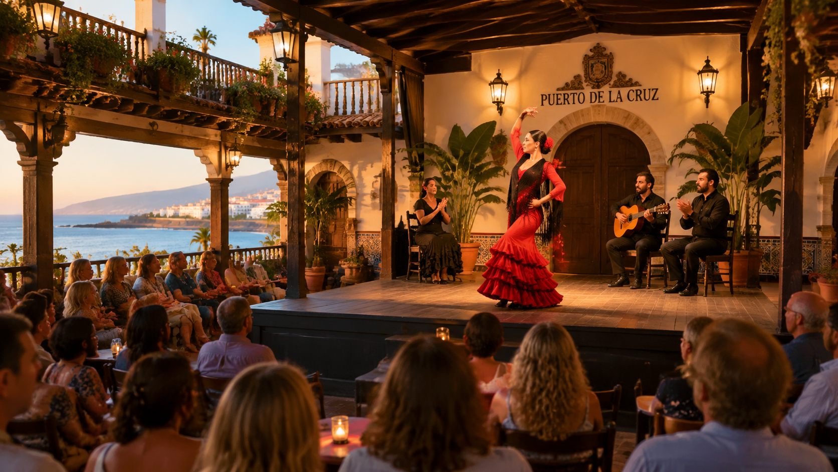 The heart of the flamenco show puerto de la cruz where professional dancers perform. The stage is positioned for optimal viewing from all seats.
