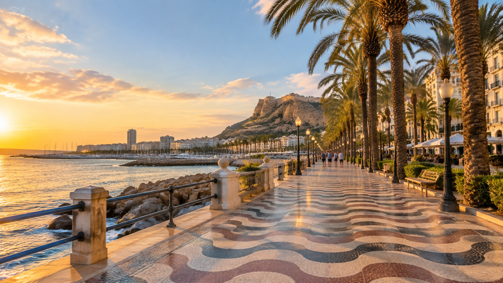 The palm-lined walkway is a landmark that defines the Alicante waterfront.