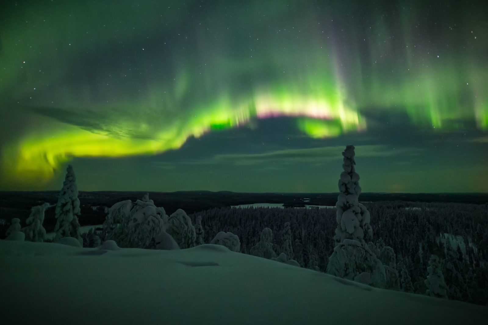 Frozen lake aurora landscape