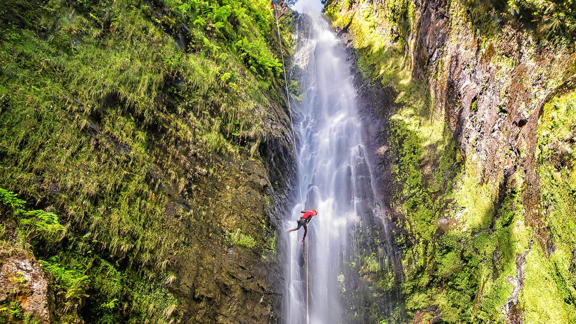 Rappel line over waterfall