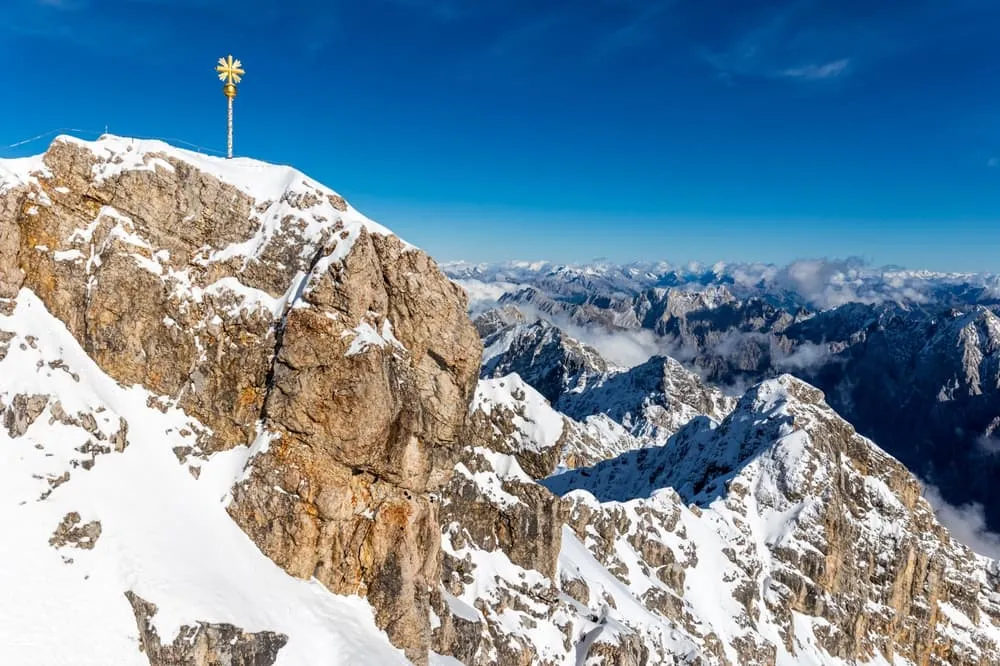 Panoramic view of alpine mountains.