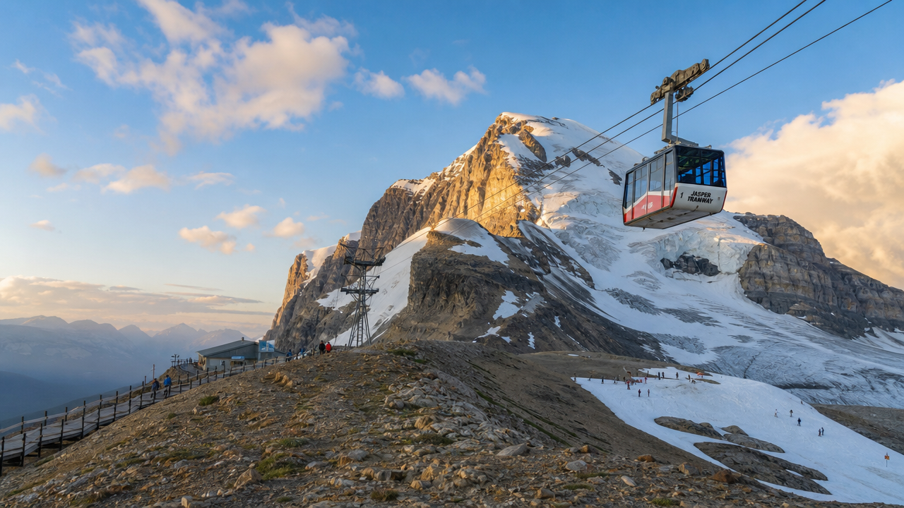 Modern cable car approaching summit.